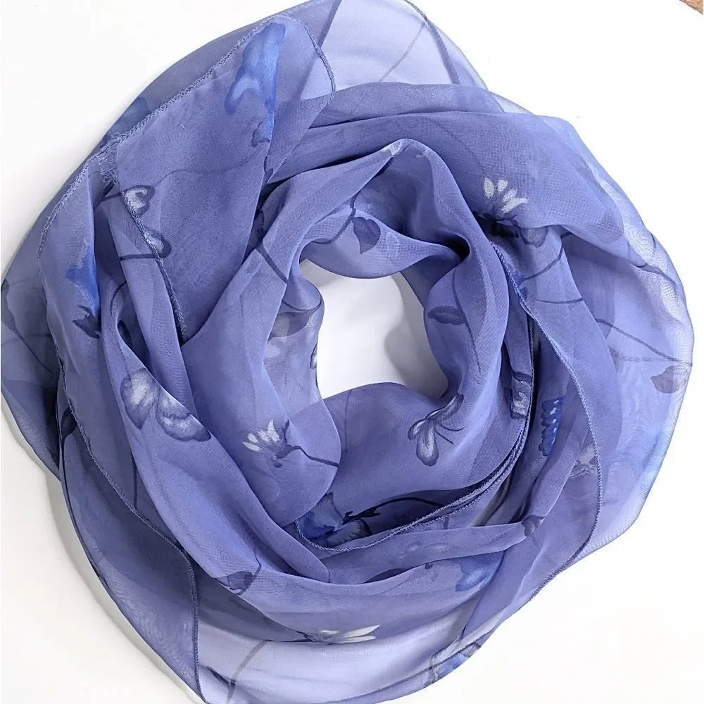 Blue Floral & Butterfly Design Sheer Oblong Scarf